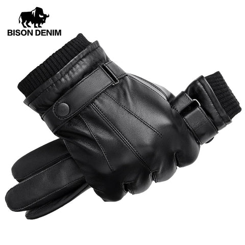 BISON DENIM Men Genuine Sheepskin Leather Gloves Autumn Winter Warm Touch Screen Full Finger Black Gloves High Quality S019